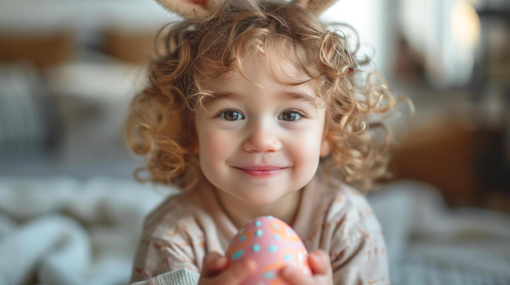 AI generated Little Girl Wearing Bunny Ears Holding Blue and Pink Easter Egg photo