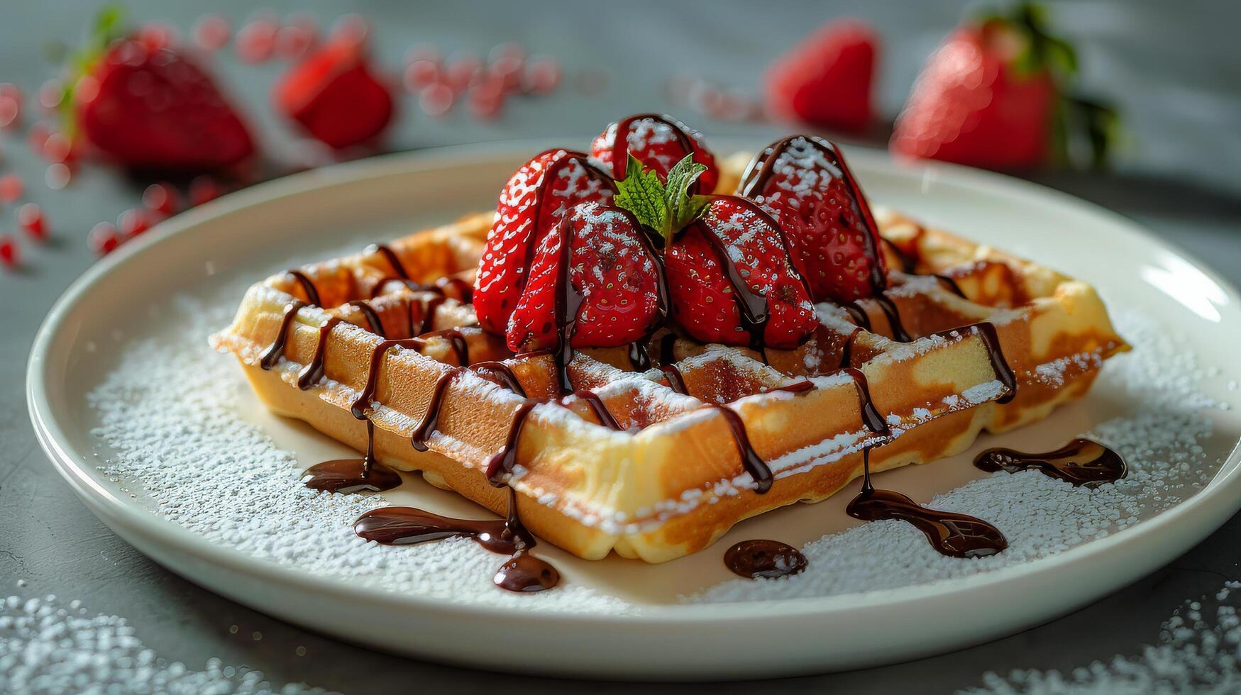 AI generated Decadent Waffle With Strawberries and Chocolate Topping photo