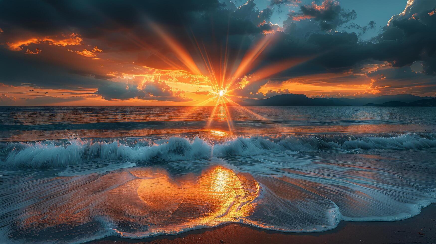 AI generated Sun Setting Over Ocean on Beach photo