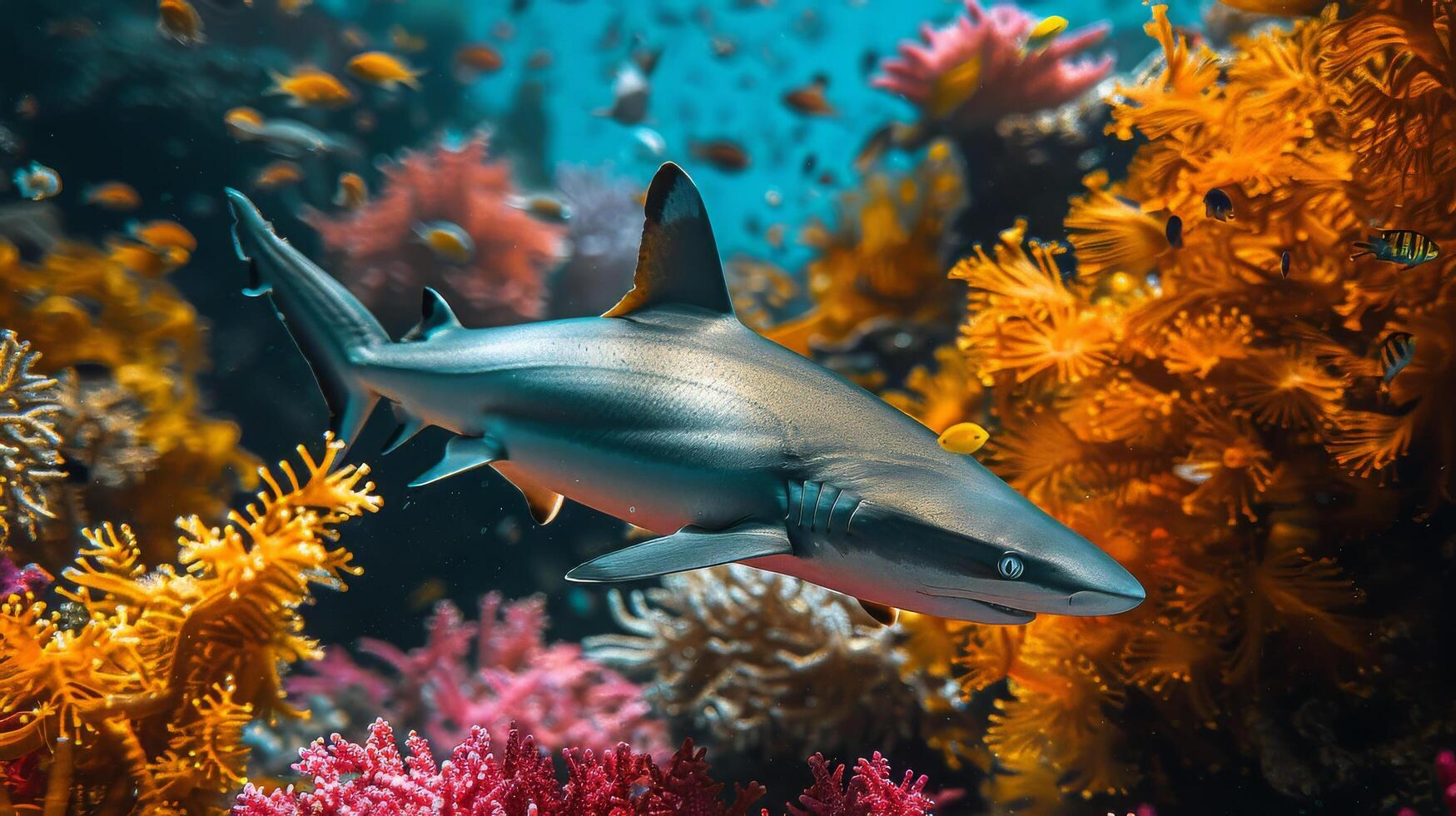 AI generated Shark Swimming Through Colorful Coral Reef photo