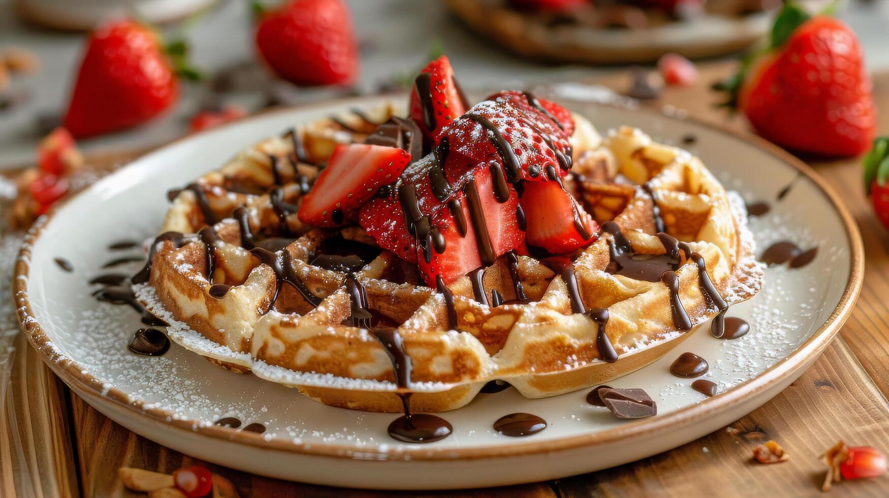 AI generated Decadent Waffle With Strawberries and Chocolate Topping photo