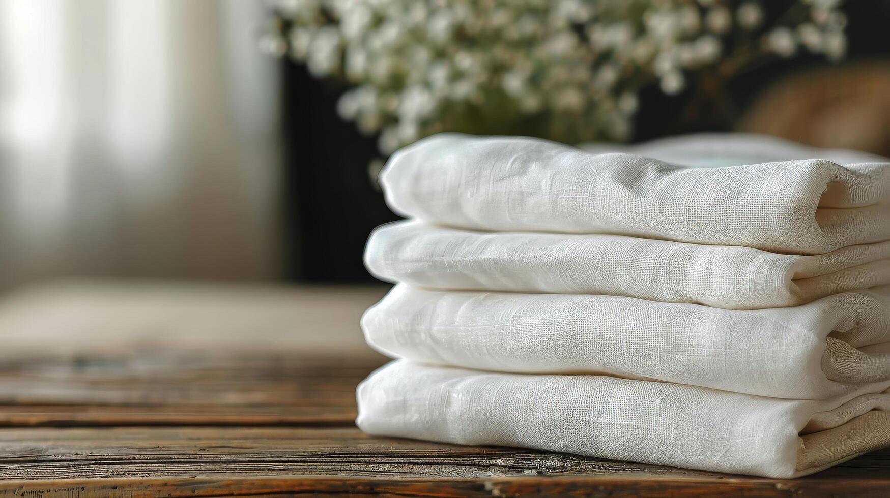 AI generated Stack of White Towels on Wooden Table photo