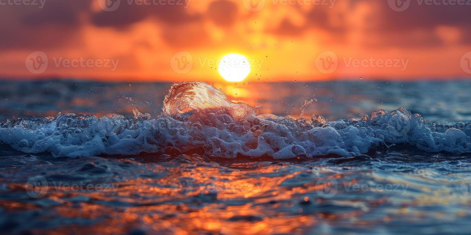 AI generated Beautiful sunset on the sea with waves and splashes of water photo