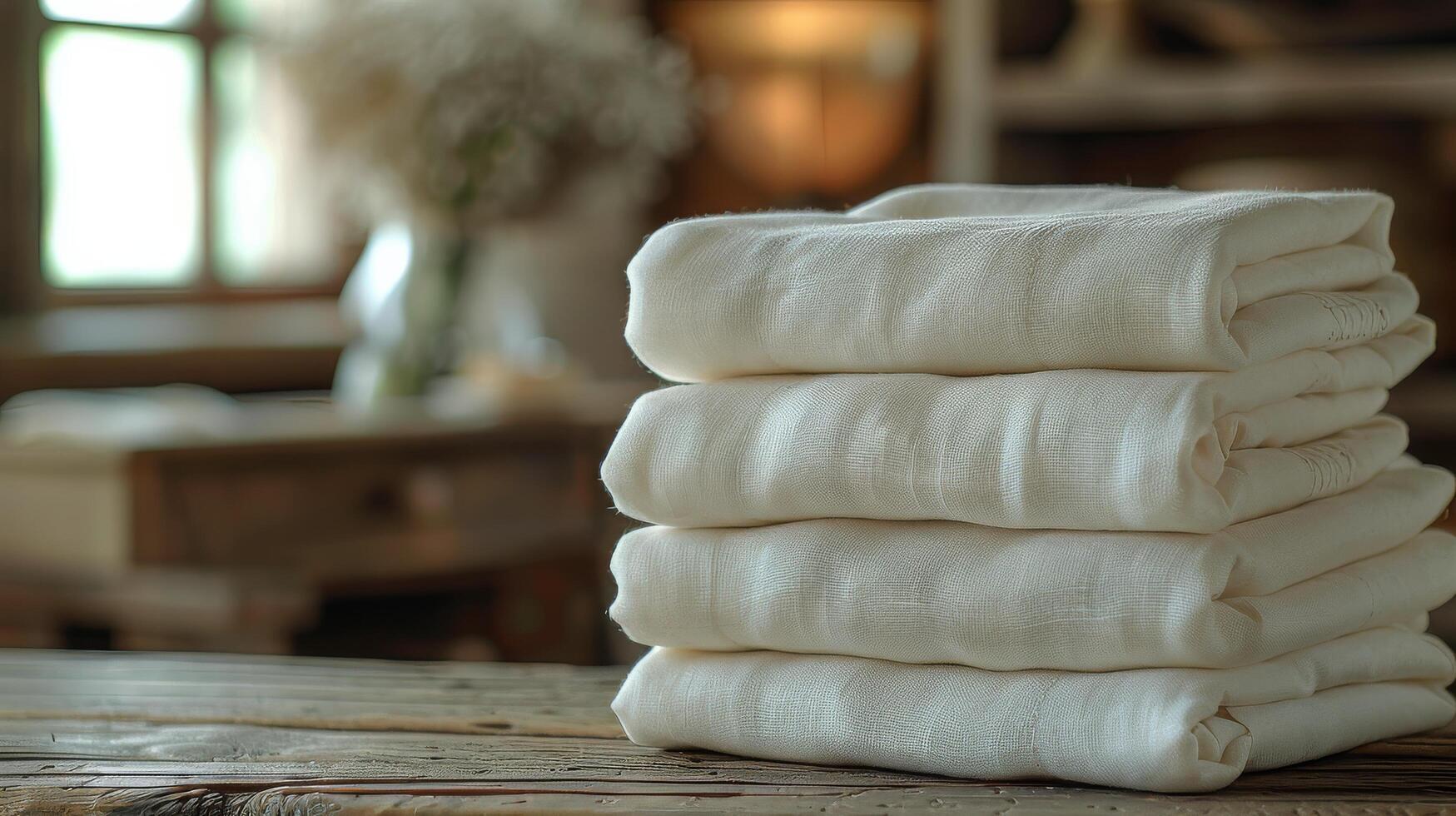 AI generated Stack of White Towels on Wooden Table photo