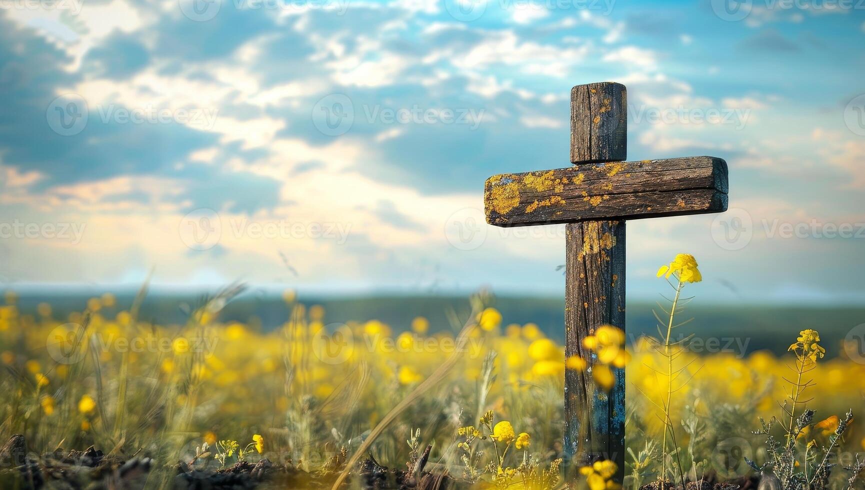 AI generated Old wooden cross in a field of yellow flowers at sunset. Cross on a background of yellow flowers photo