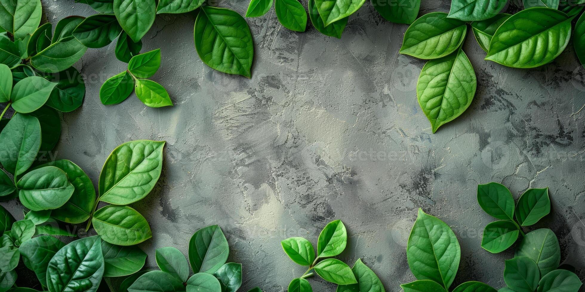 AI generated Vibrant green leaves scattered on textured cement background photo