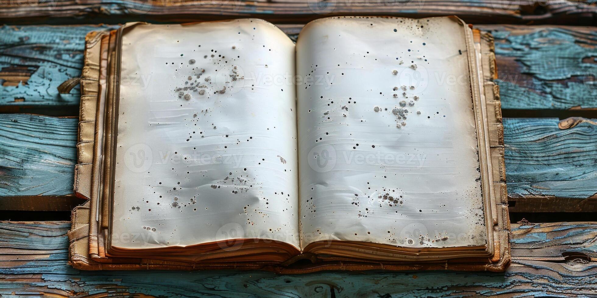 AI generated Old book on a wooden background. Top view, copy space. photo