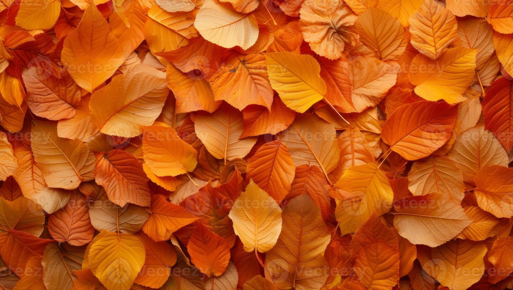 AI generated Vibrant orange autumn leaves texture background. Fallen foliage pattern of colorful deciduous tree leaves. photo