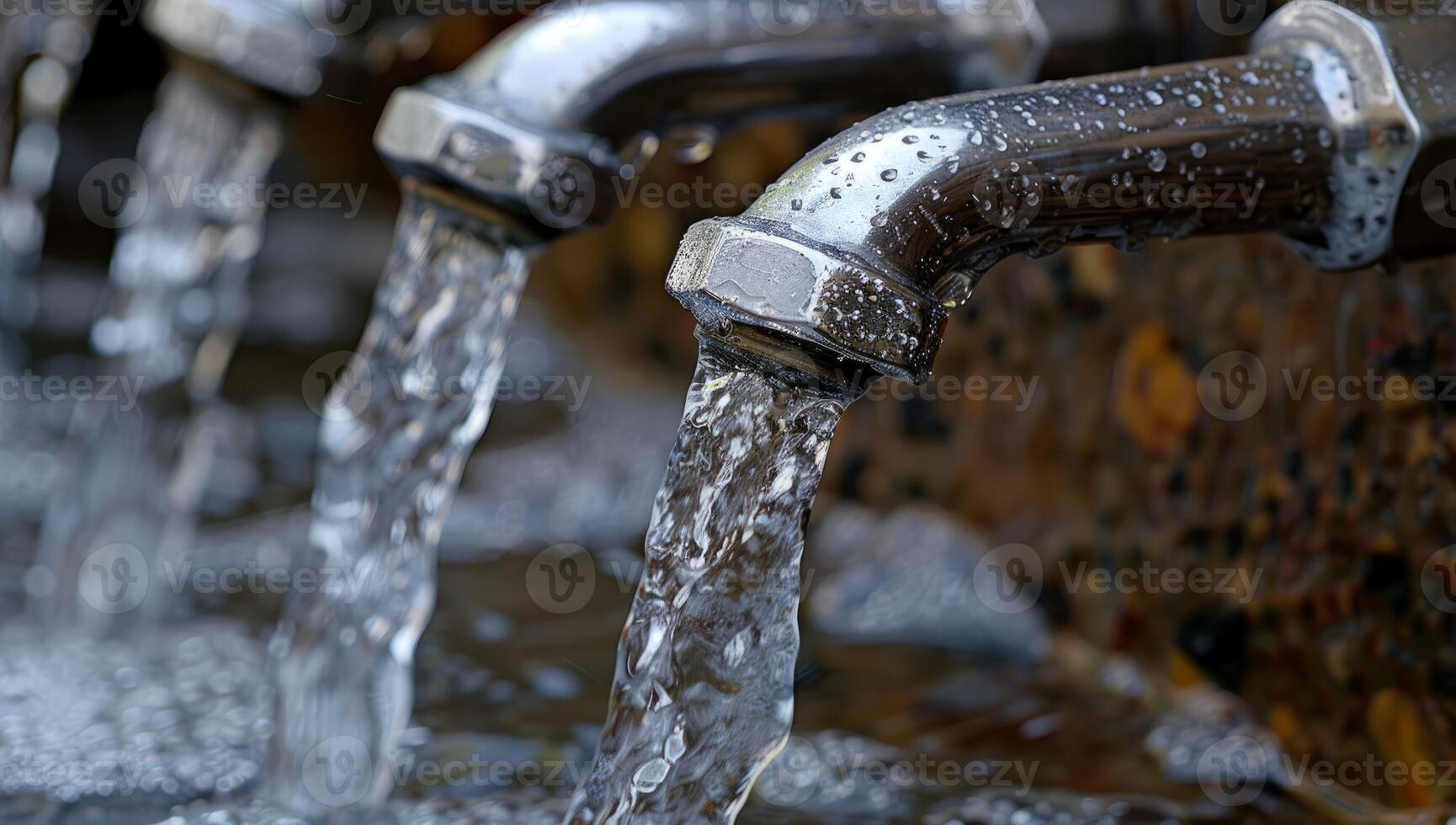 AI generated Water flowing from outdoor faucet tap. Refreshing natural stream, environmental conservation concept. photo