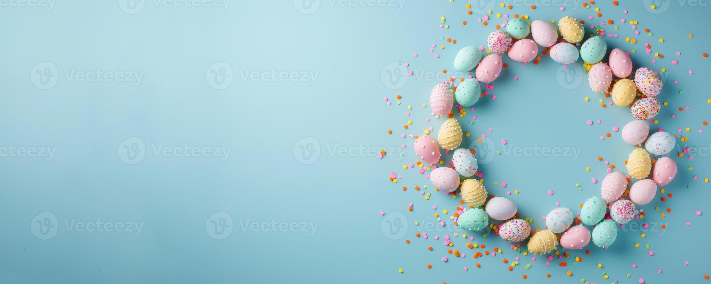 AI generated Easter eggs in pastel colors on blue background. Easter concept. Flat lay, top view, copy space. photo