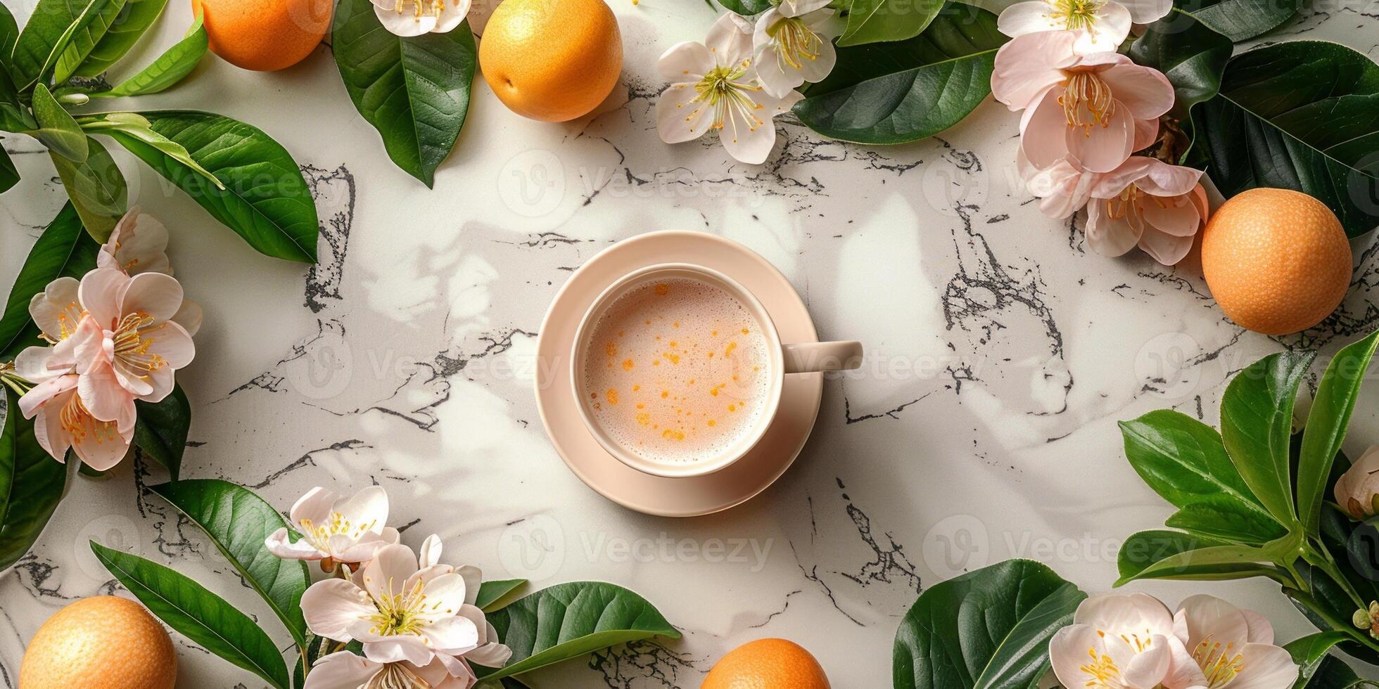 AI generated Cup of coffee with milk and spring flowers on white marble table, flat lay photo
