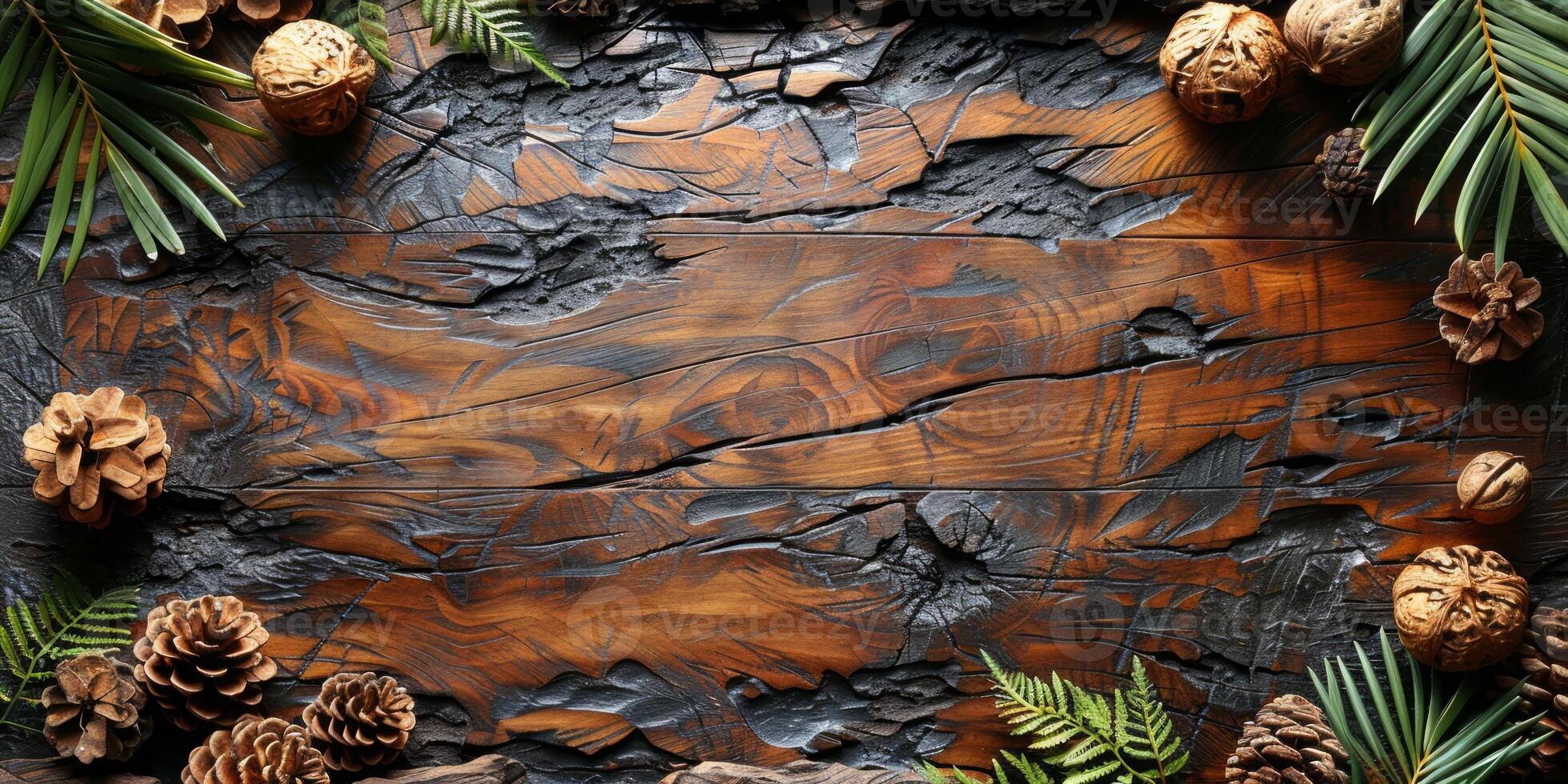 AI generated Pine cones and fir branches frame a rustic wooden background photo