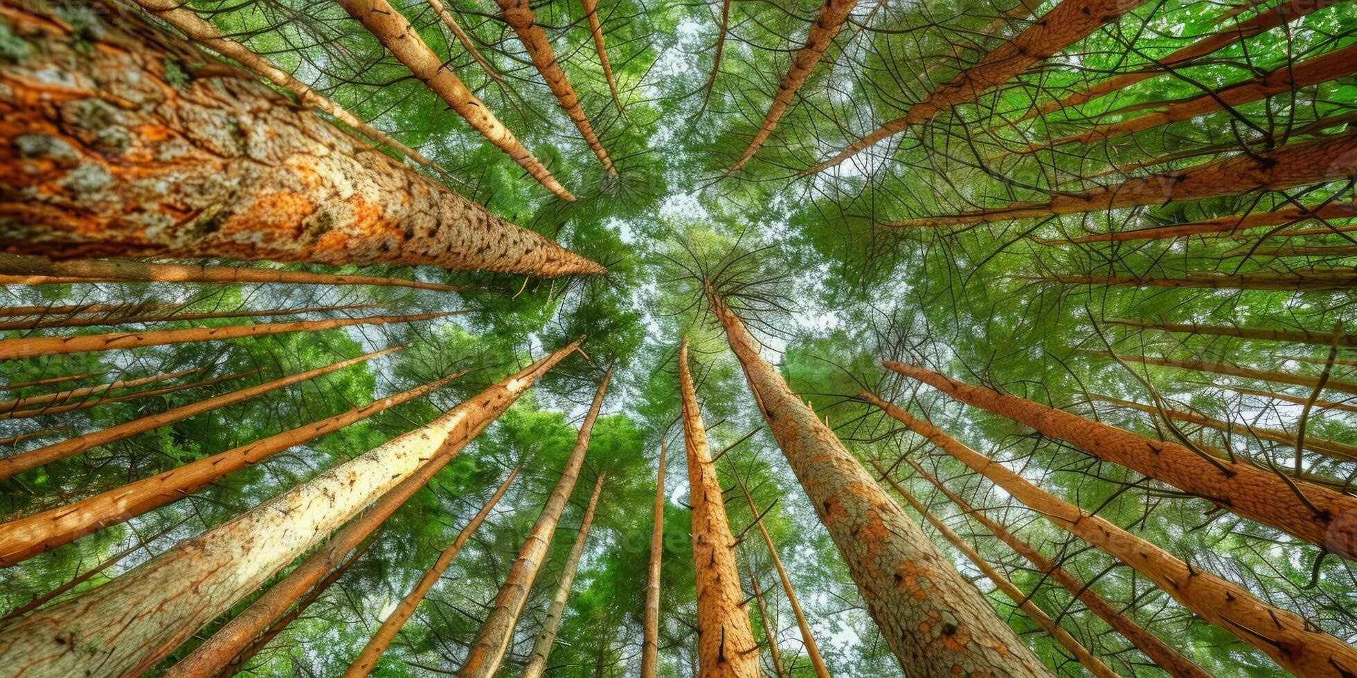AI generated Pine trees in the forest, panoramic view from below photo