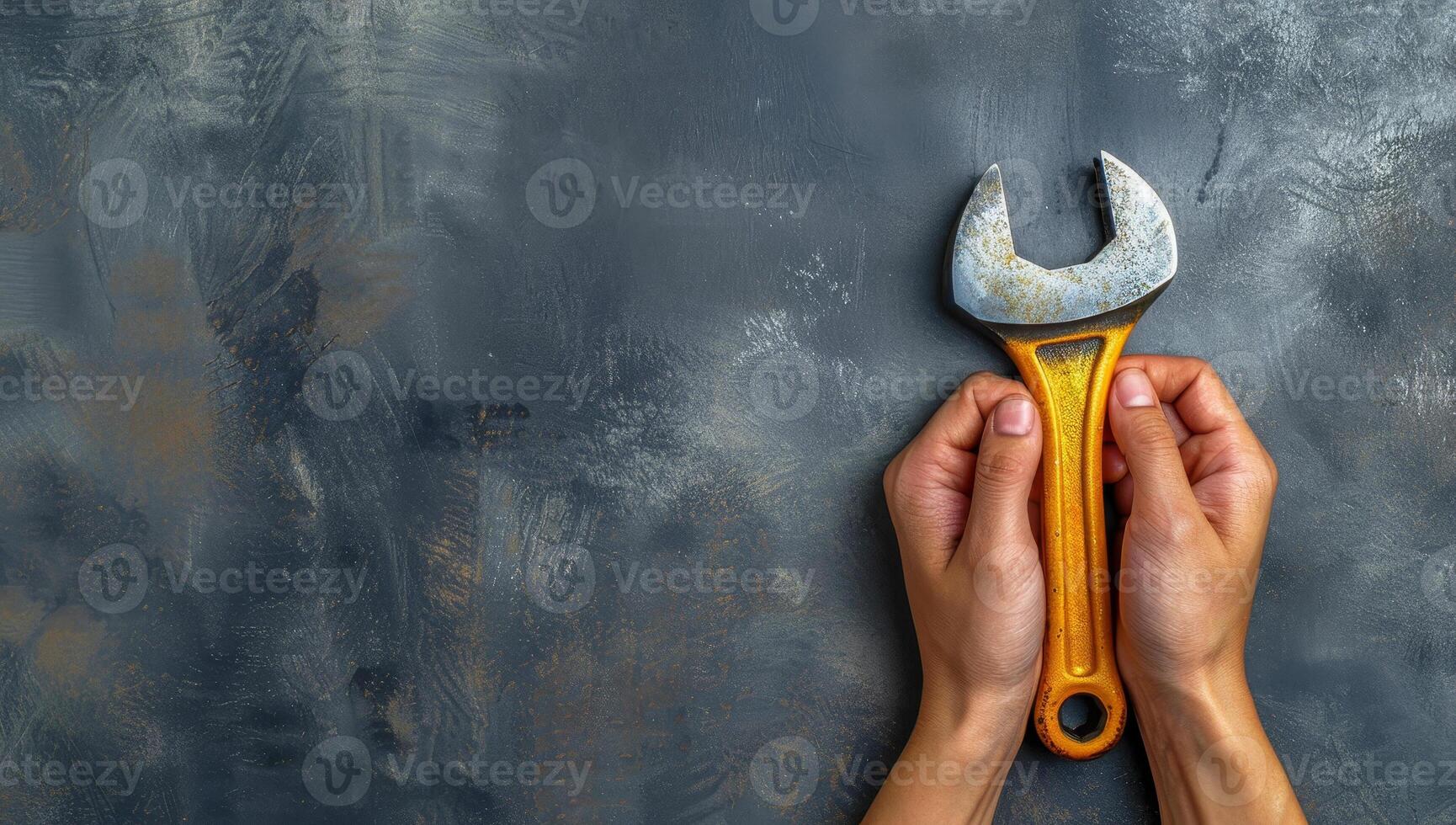 AI generated Wrench in the hands of a worker on a gray background. photo