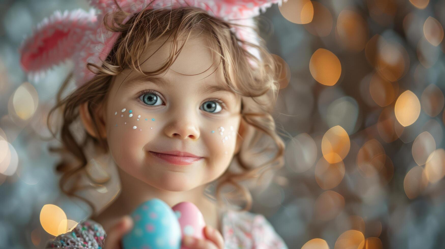 AI generated Little Girl Wearing Bunny Ears Holding Blue and Pink Easter Egg photo