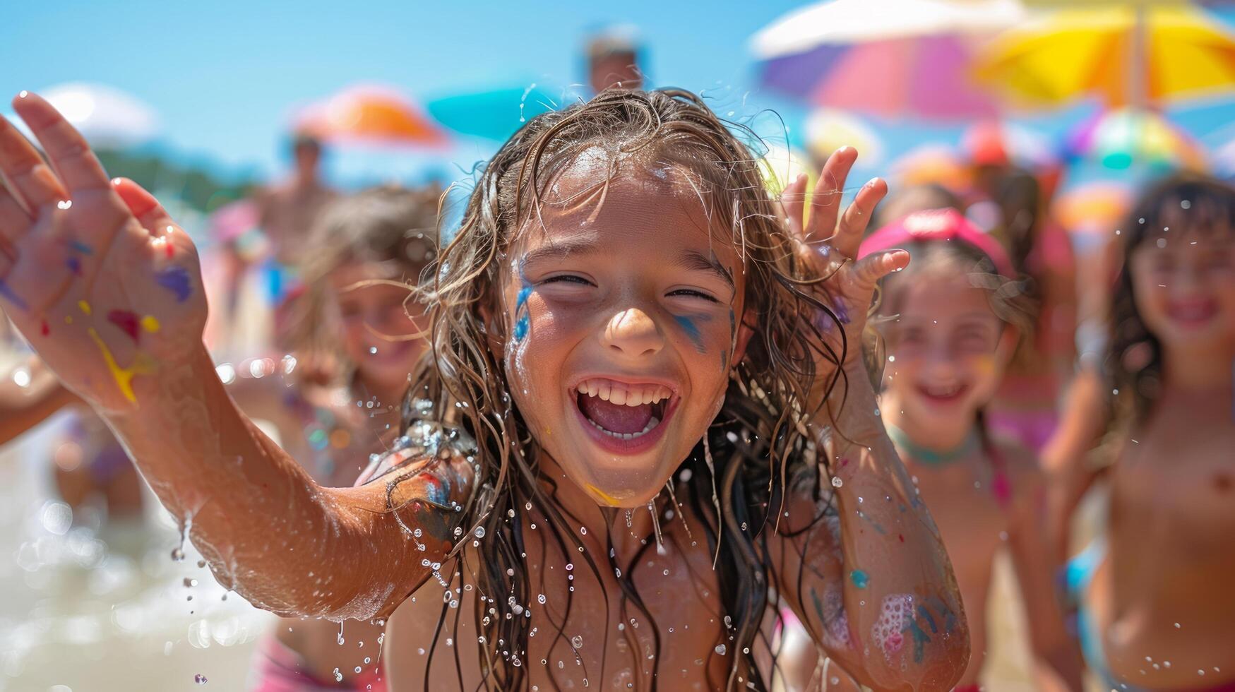 ai generado grupo de joven muchachas en pie en playa foto