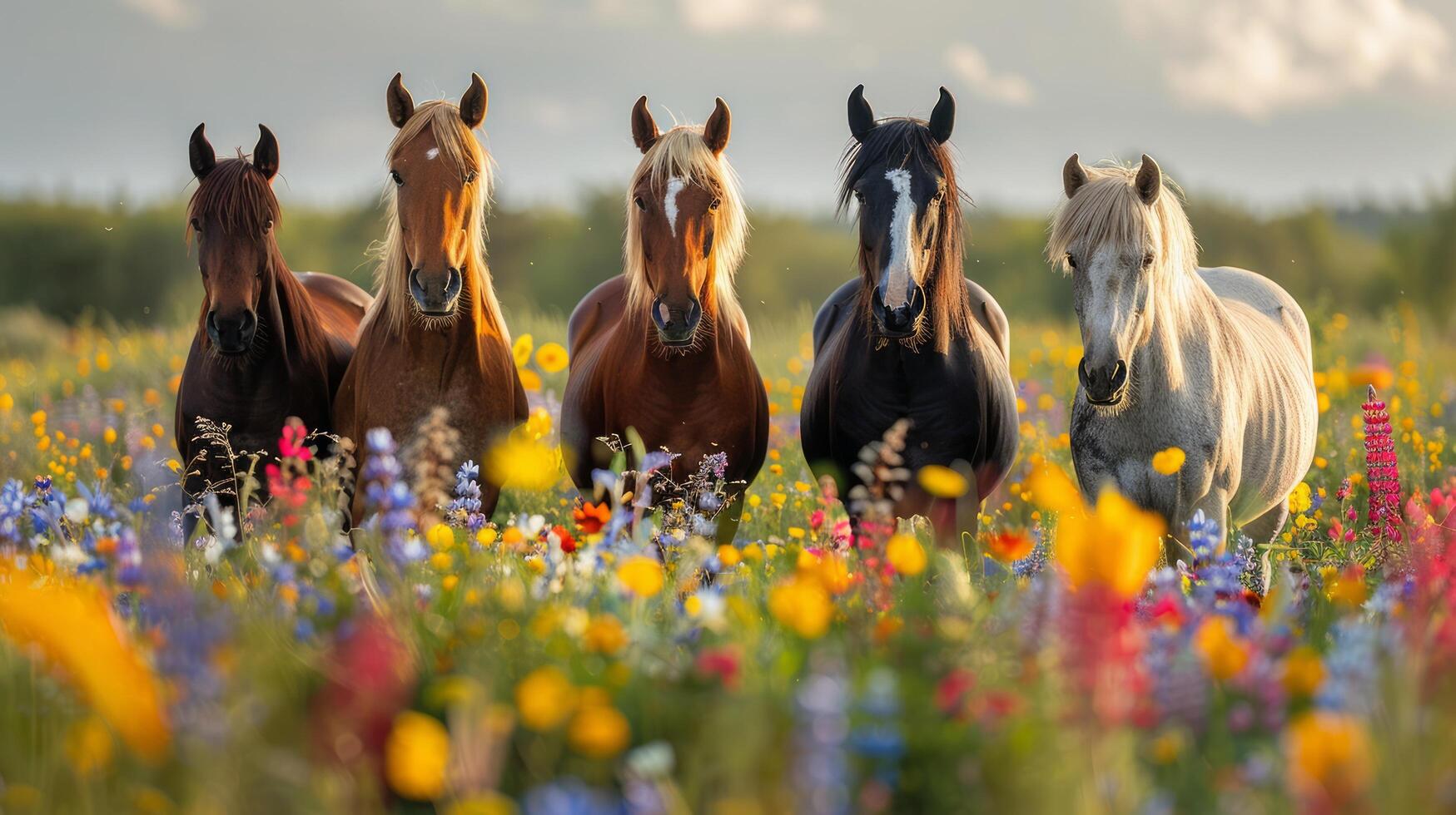 AI generated Group of Horses Standing in Field of Flowers photo