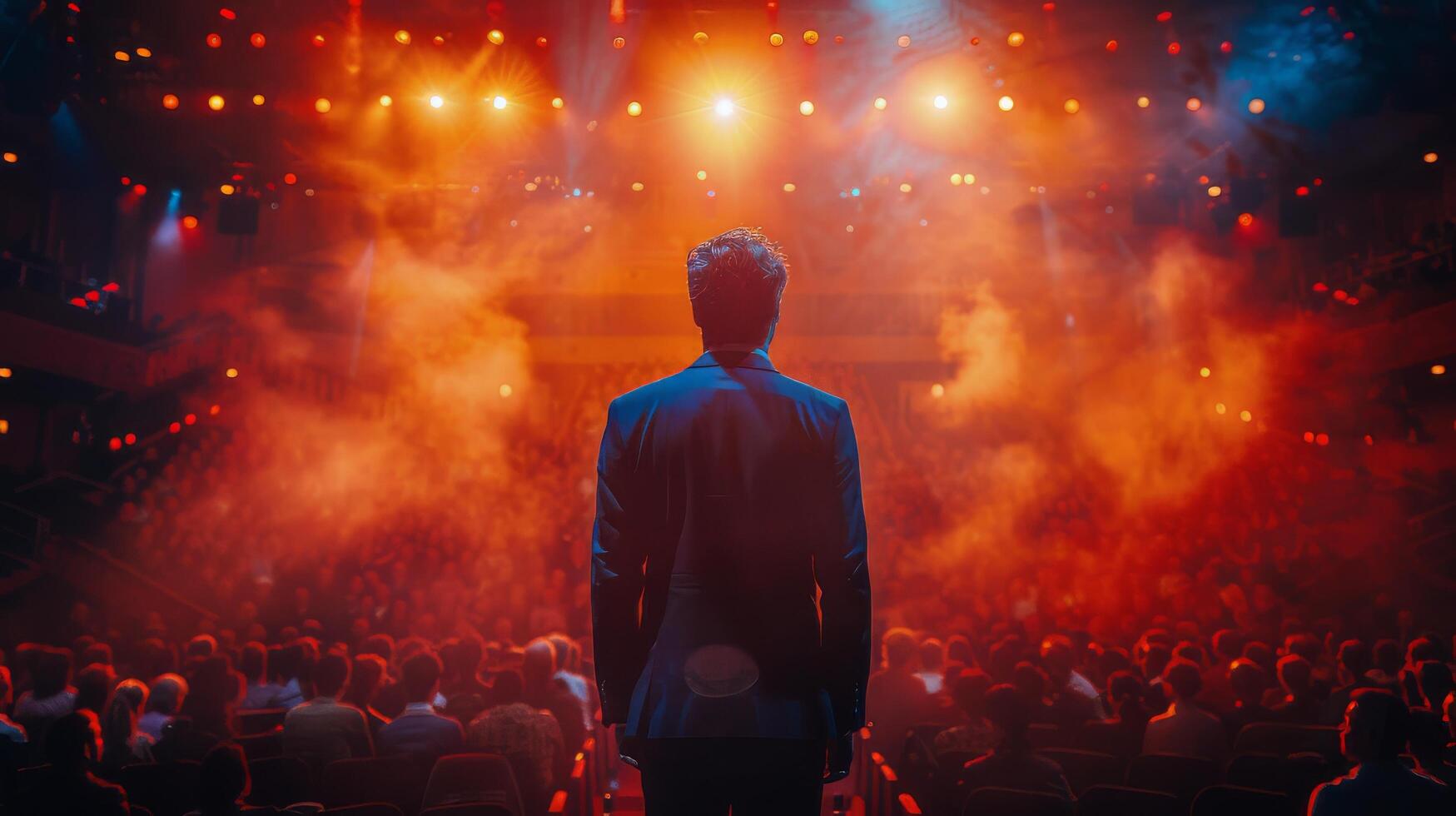 AI generated Man Standing in Front of Auditorium With Red and Blue Lights photo