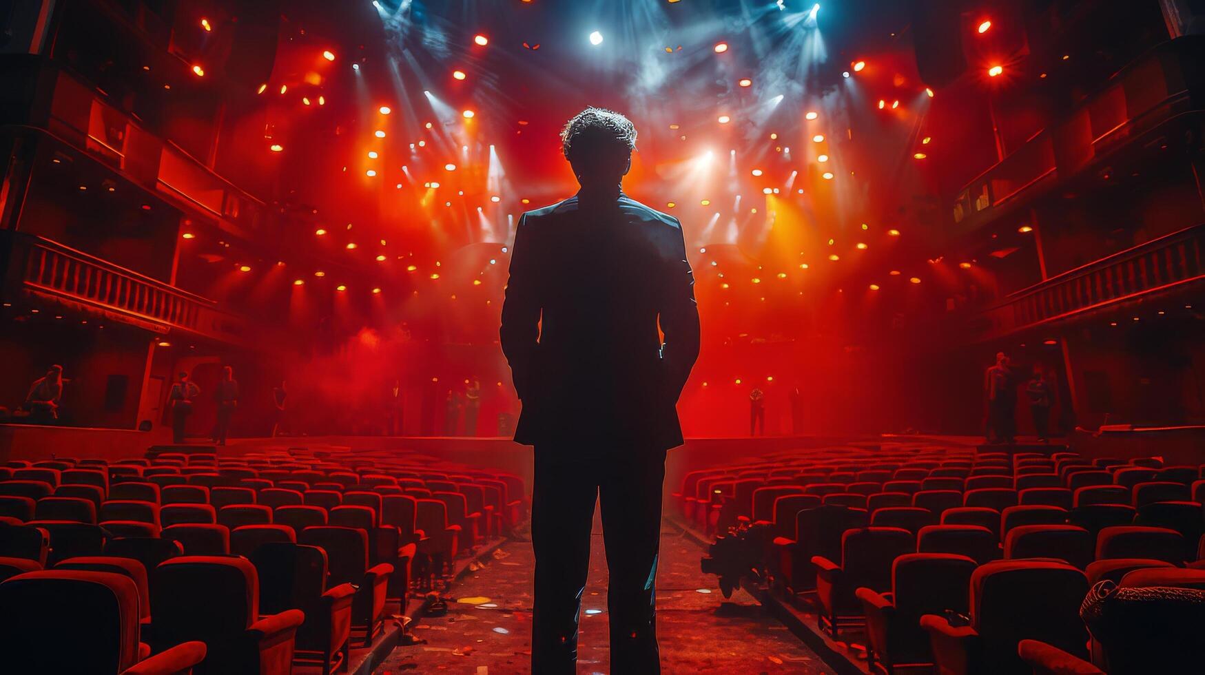 AI generated Man Standing in Front of Auditorium With Red and Blue Lights photo