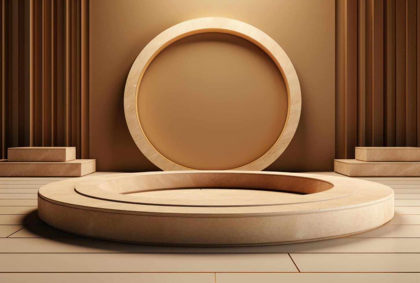 AI generated golden pedestal set on a brown color background photo