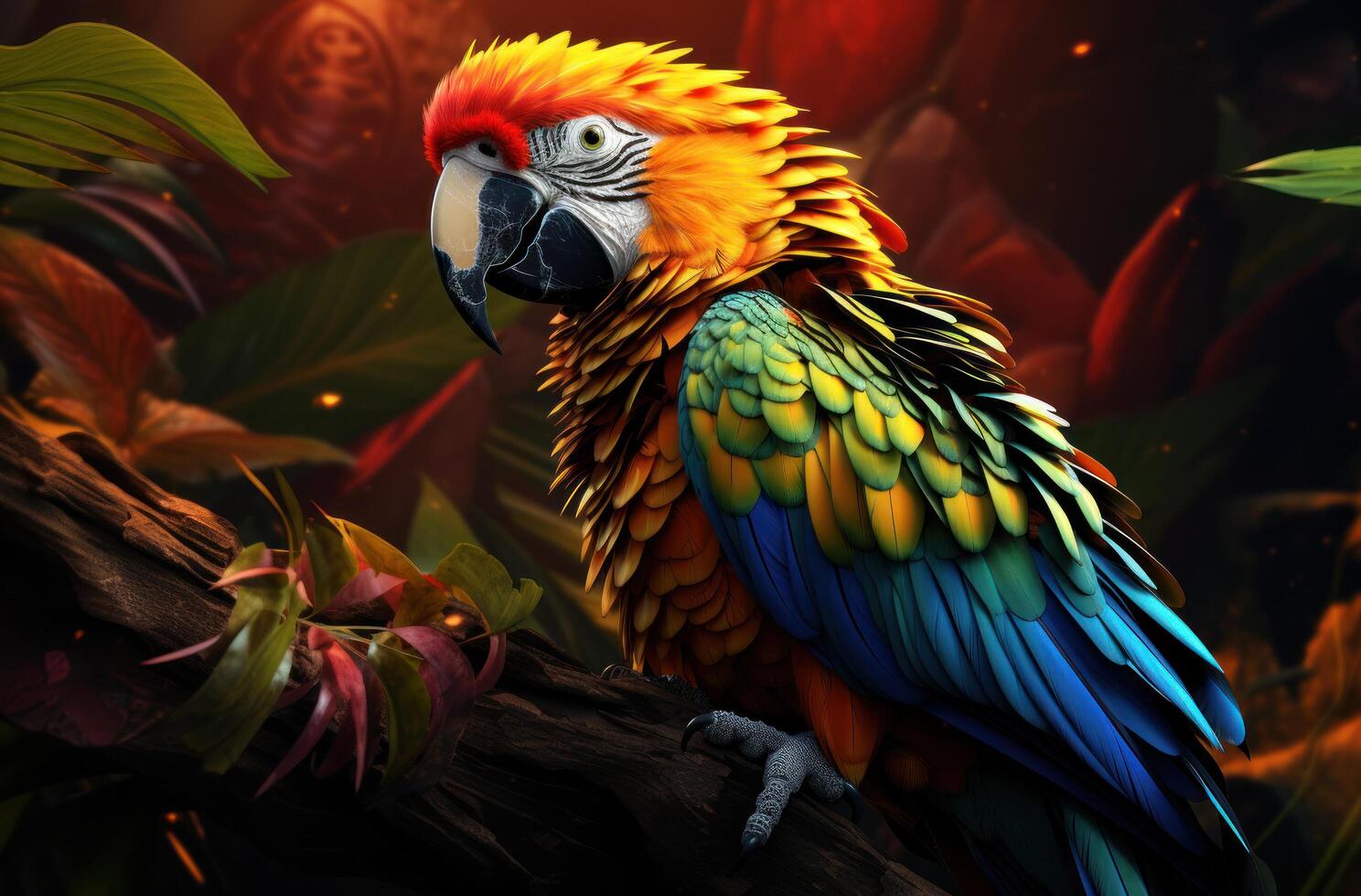 AI generated a colorful parrot is sitting on top of a leaf, photo