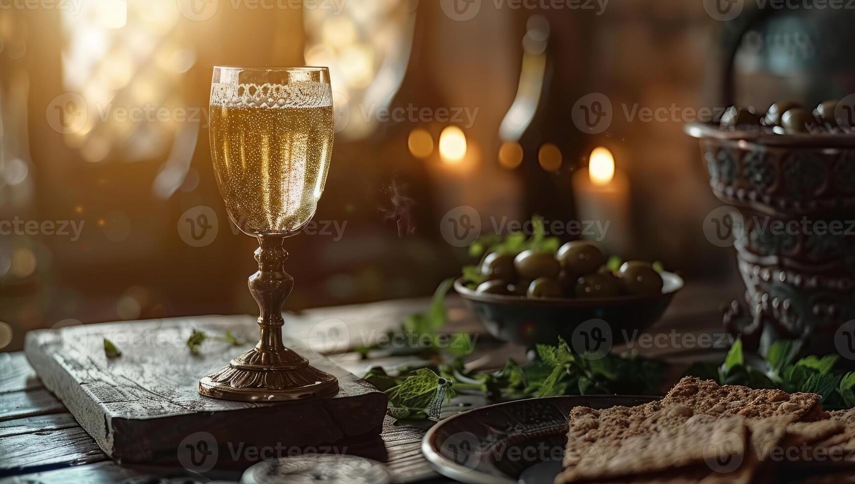 ai generado elegante mesa ajuste con vino vaso, velas, y rústico un pan para acogedor cena. romántico luz de una vela cena concepto con Fresco hierbas y Clásico vajilla. foto