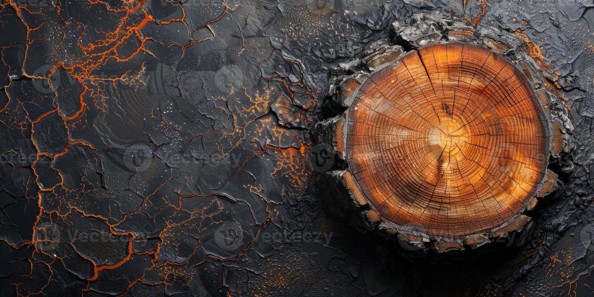 AI generated Wooden log with cracks on a dark background, top view. photo