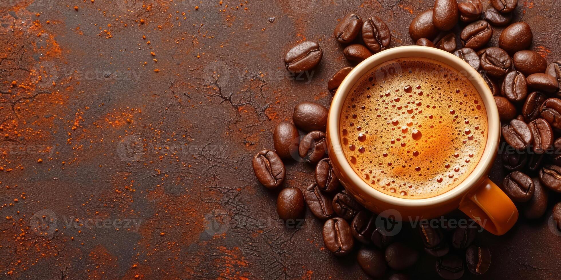 AI generated Cup of coffee with beans on brown background, top view. Space for text photo