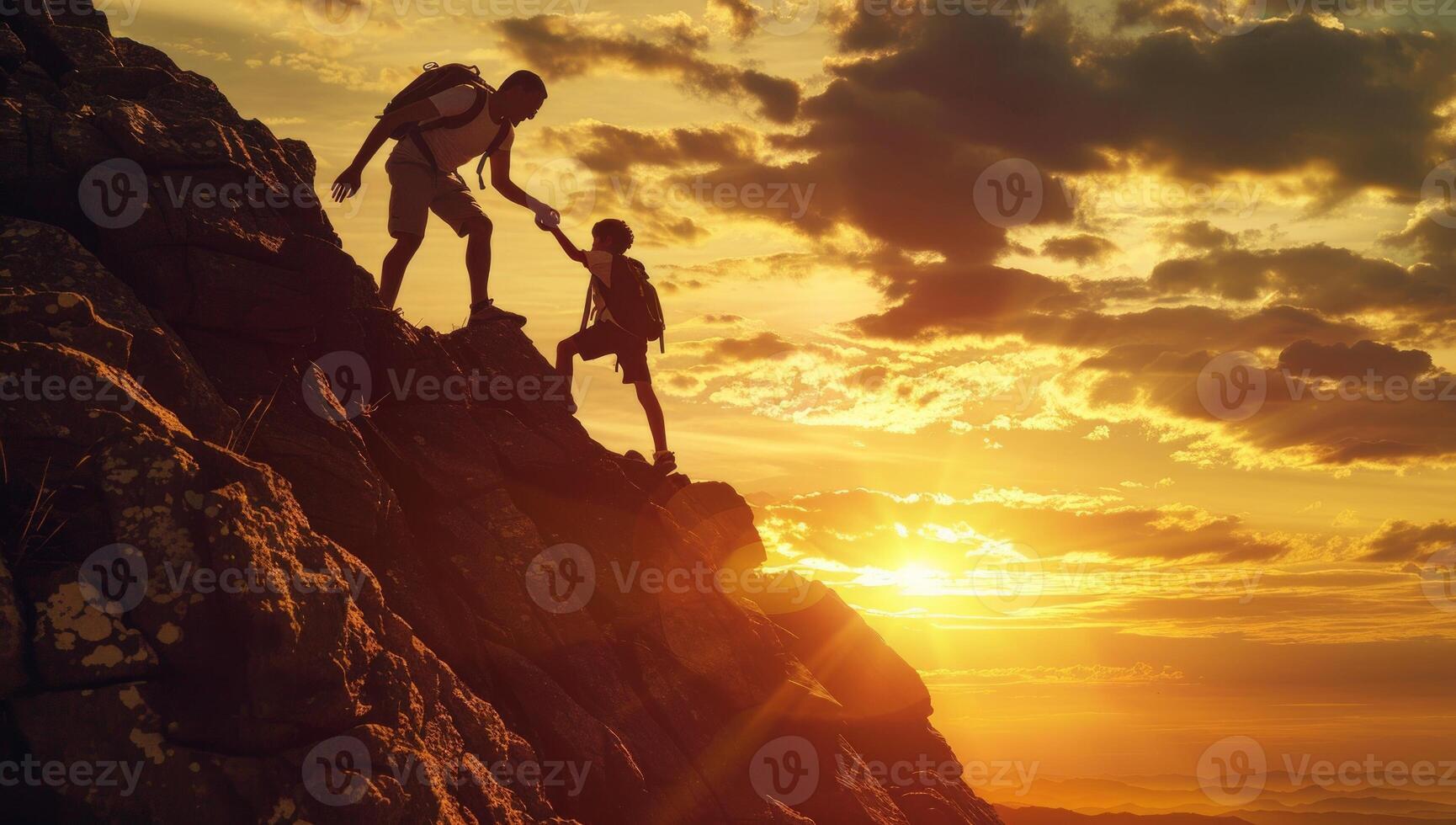 AI generated Silhouette of a man and a woman climbing a mountain at sunset photo
