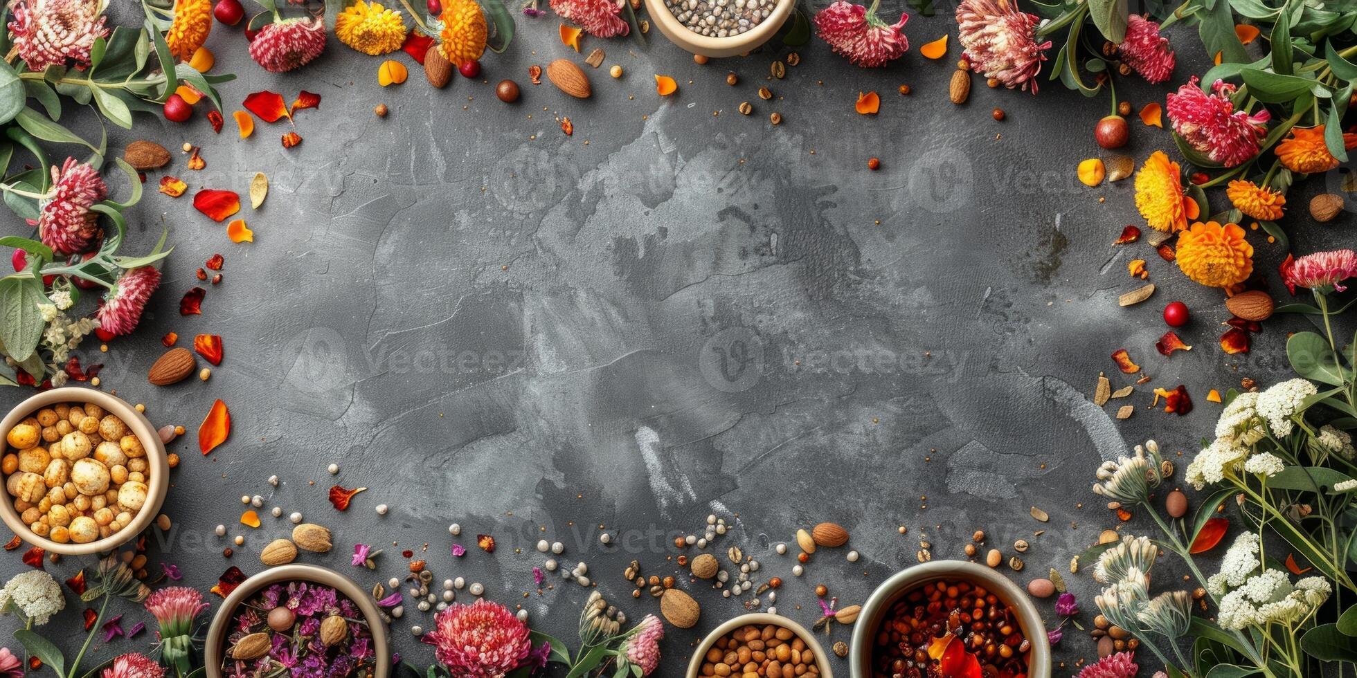 AI generated Autumn composition. Frame made of dried flowers, nuts and herbs on grey background. Flat lay, top view, copy space photo