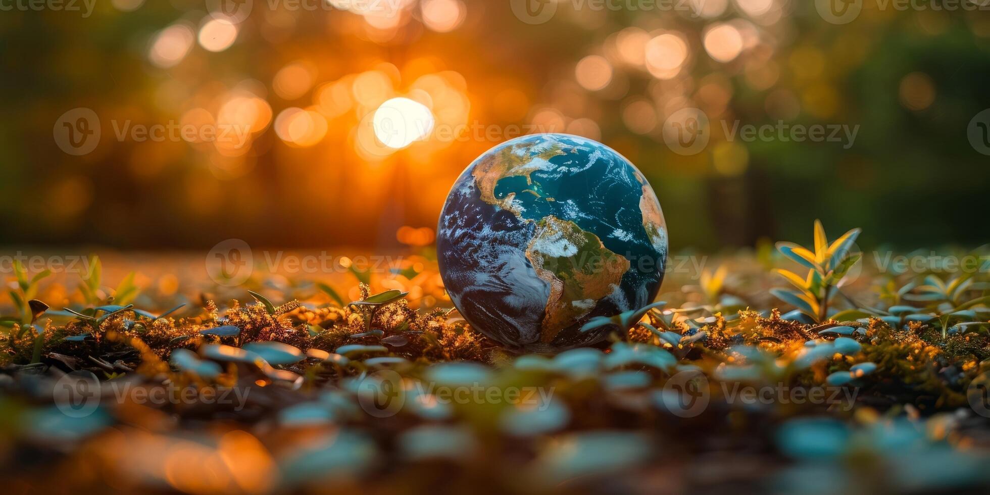 AI generated Earth globe on autumn leaves in nature with sunlight bokeh. Concept of environmental protection, ecology, sustainable living, and preserving the planet. photo