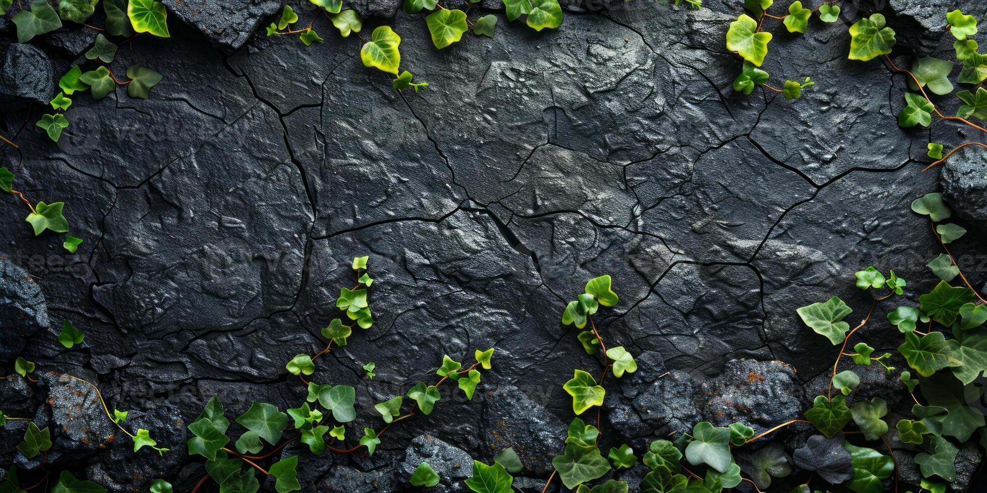 AI generated Green Creeper Plant on Black Cracked Ground Background. Natural Texture. photo