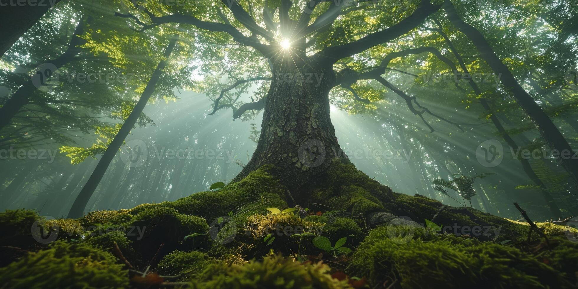 AI generated Beautiful green forest with sun rays shining through the old tree. photo
