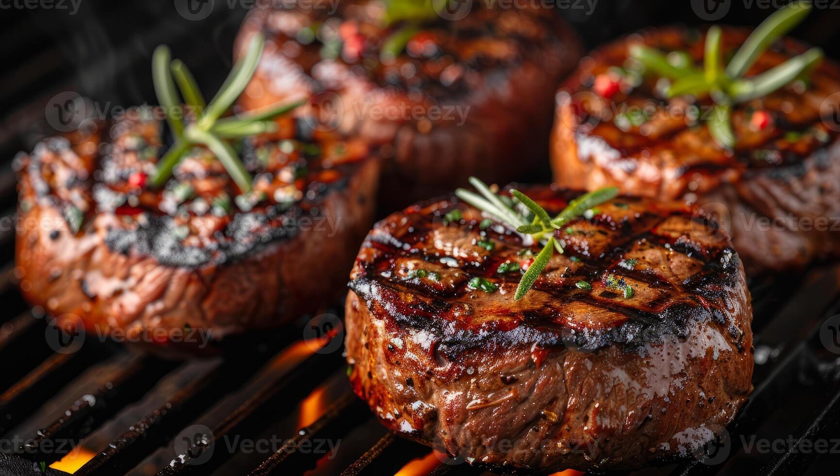 ai generado jugoso A la parrilla carne de vaca filetes con hierbas en llameante parilla parrilla. delicioso carne Cocinando al aire libre. foto