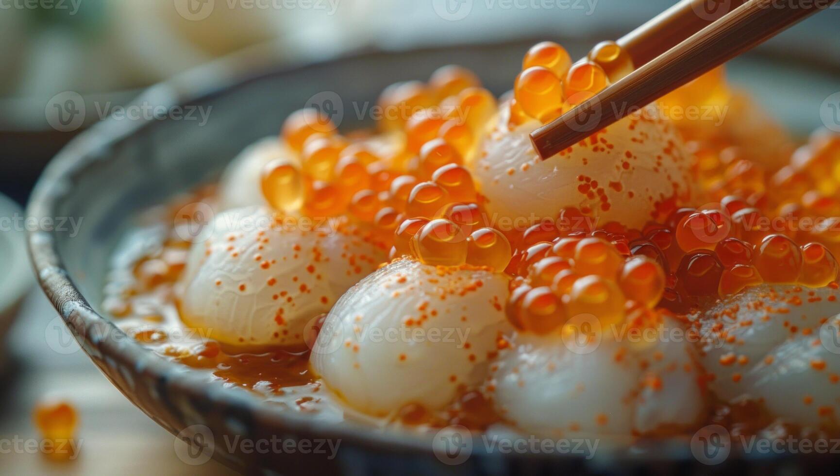 AI generated Close up view of salmon roe and scallops in a bowl with chopsticks photo