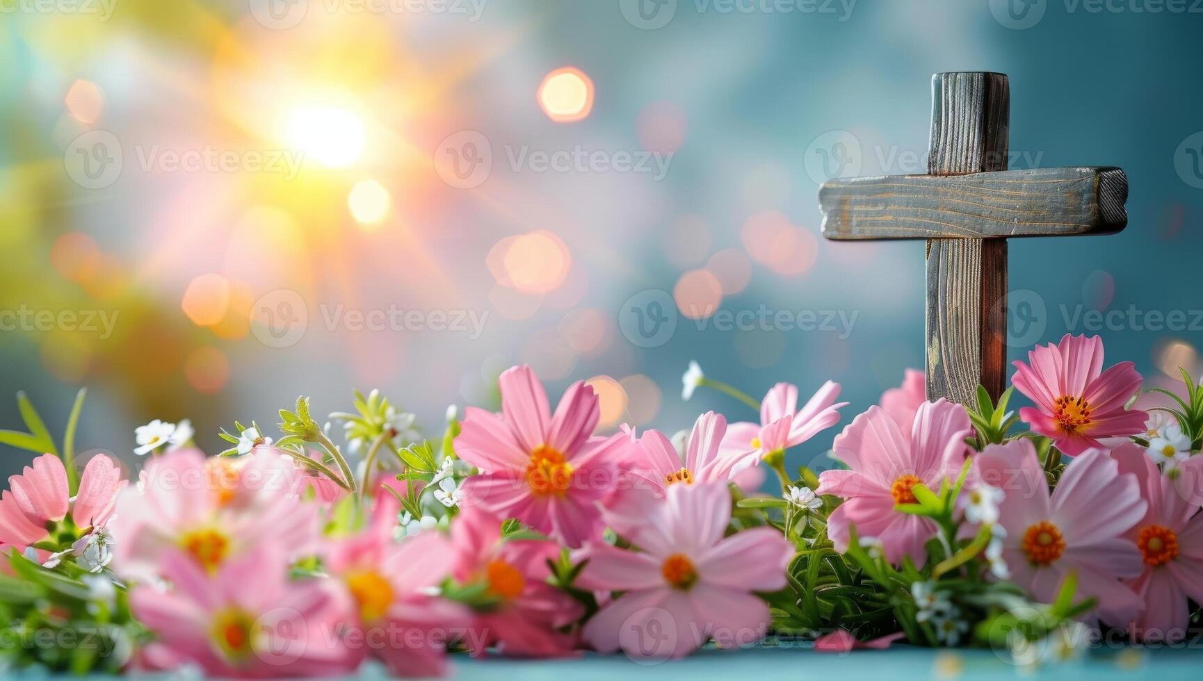 AI generated Wooden cross with flowers and bokeh on blue background. photo