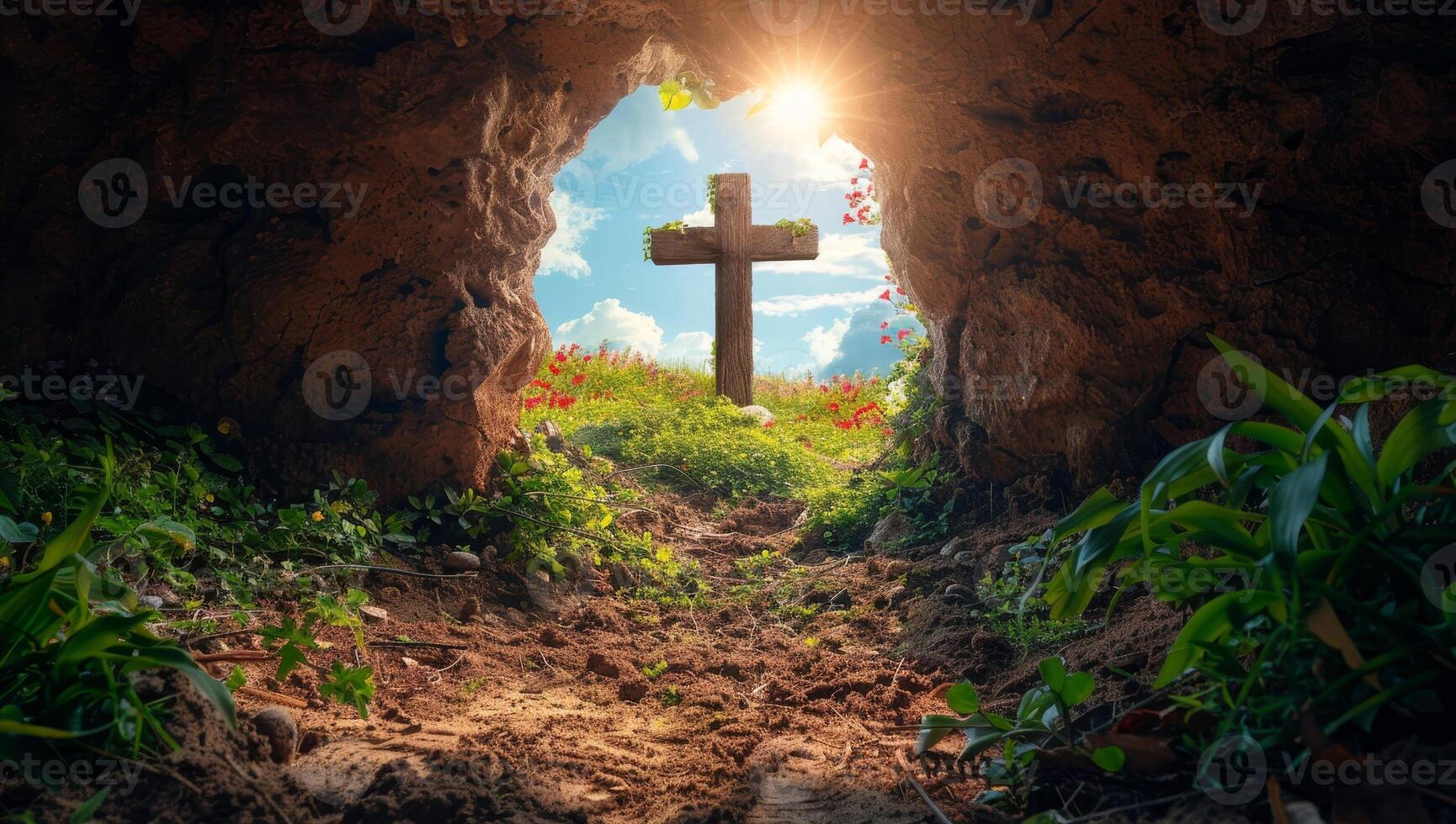 AI generated Cross in the cave. Christian cross in the cave. Religion concept photo
