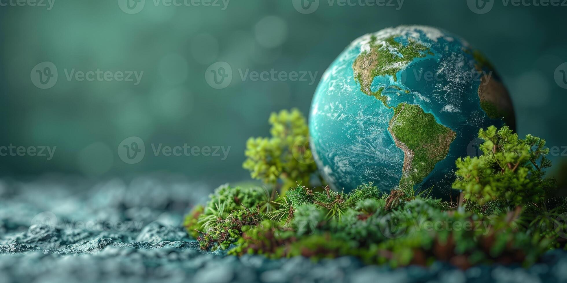 AI generated Planet Earth with green trees and moss growing on rocky surface against blurred background. Concept of global ecology, climate change, environmental protection, and sustainability photo