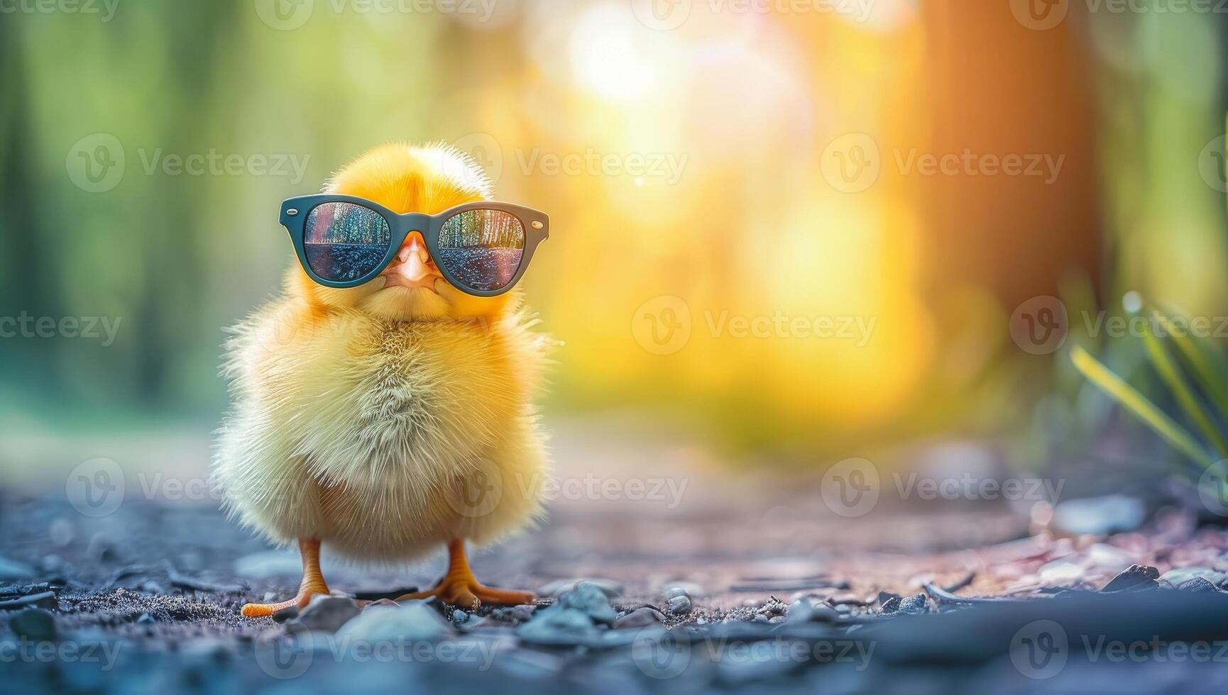 AI generated Cute little yellow chicken in sunglasses on blurred background. Easter holiday concept. photo