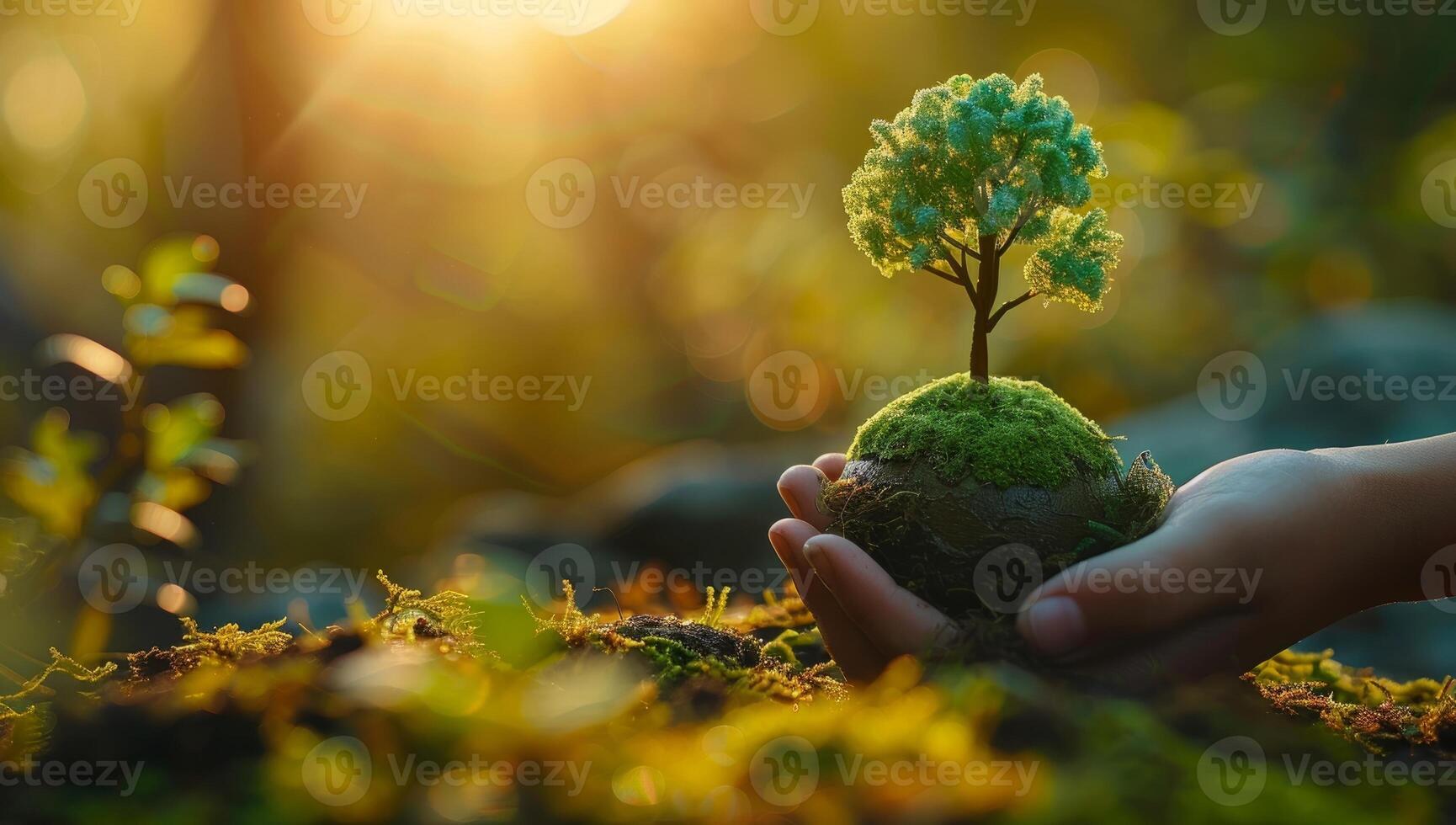 AI generated Human hand cradling a miniature tree growing on a moss covered sphere, symbolizing environmental care and reforestation. Concept of nature conservation, Earth Day, and sustainable living. photo