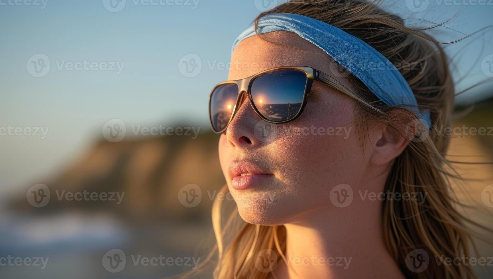 AI generated Stylish young woman wearing sunglasses and headband on sunny beach. Concept of summer vacation, relaxation, and coastal lifestyle. photo