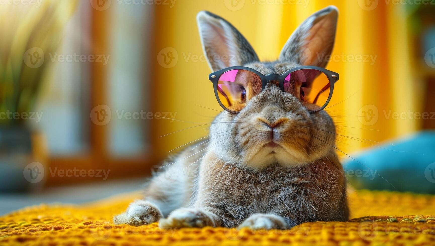 ai generado adorable conejito vistiendo rosado Gafas de sol en amarillo cobija foto