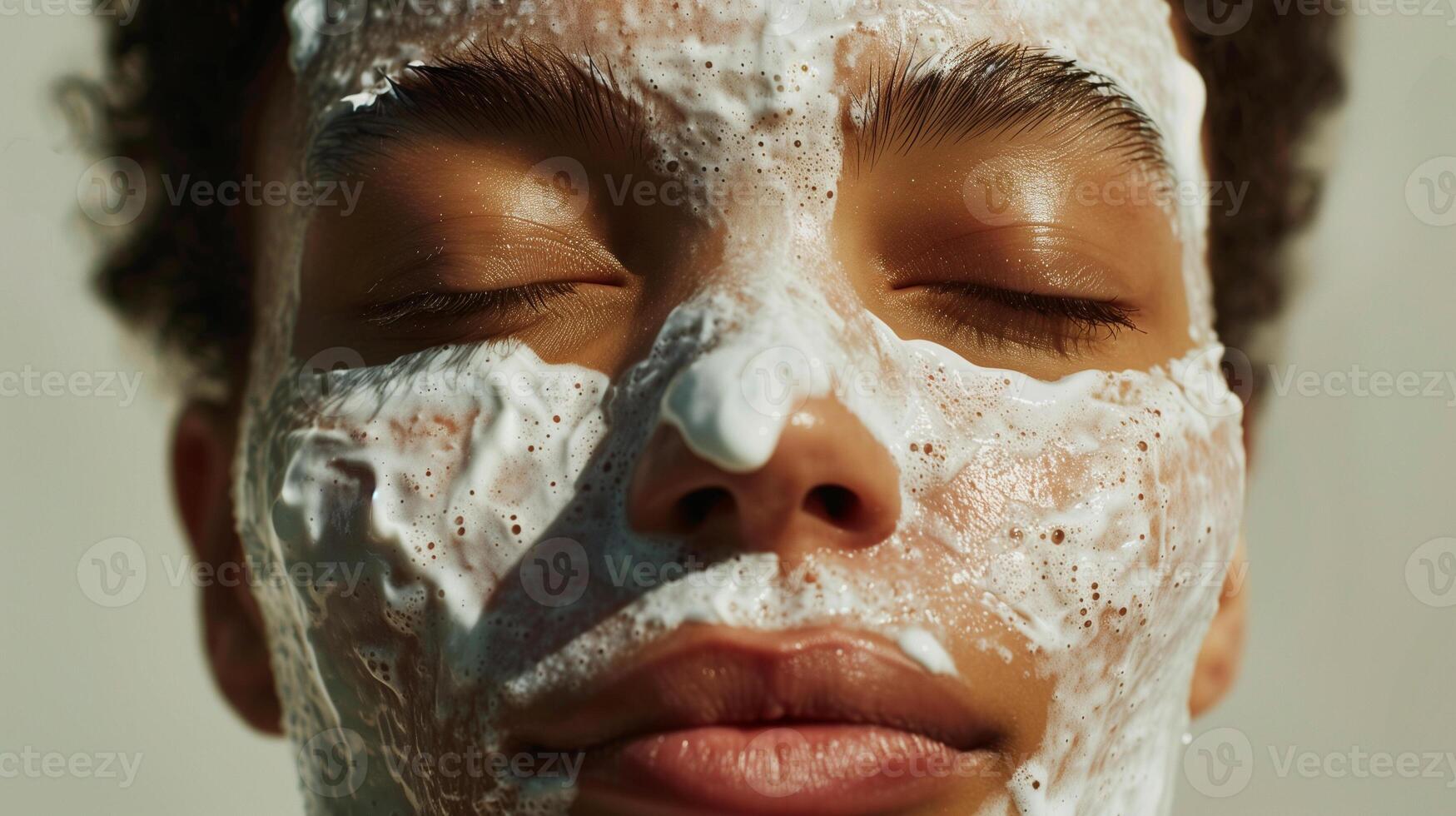 AI generated white facial mask filled with lather on the skin photo