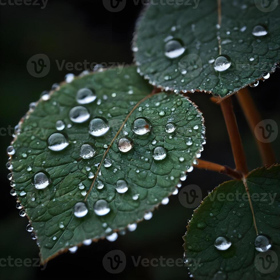 AI Generated Fresh Dew Drops Glistening on Vibrant Green Leaves in Early Morning Light photo