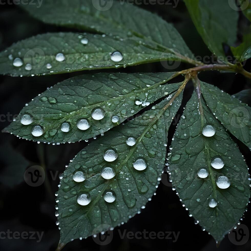 AI generated Fresh Dew Drops Glistening on Vibrant Green Leaves in Early Morning Light photo