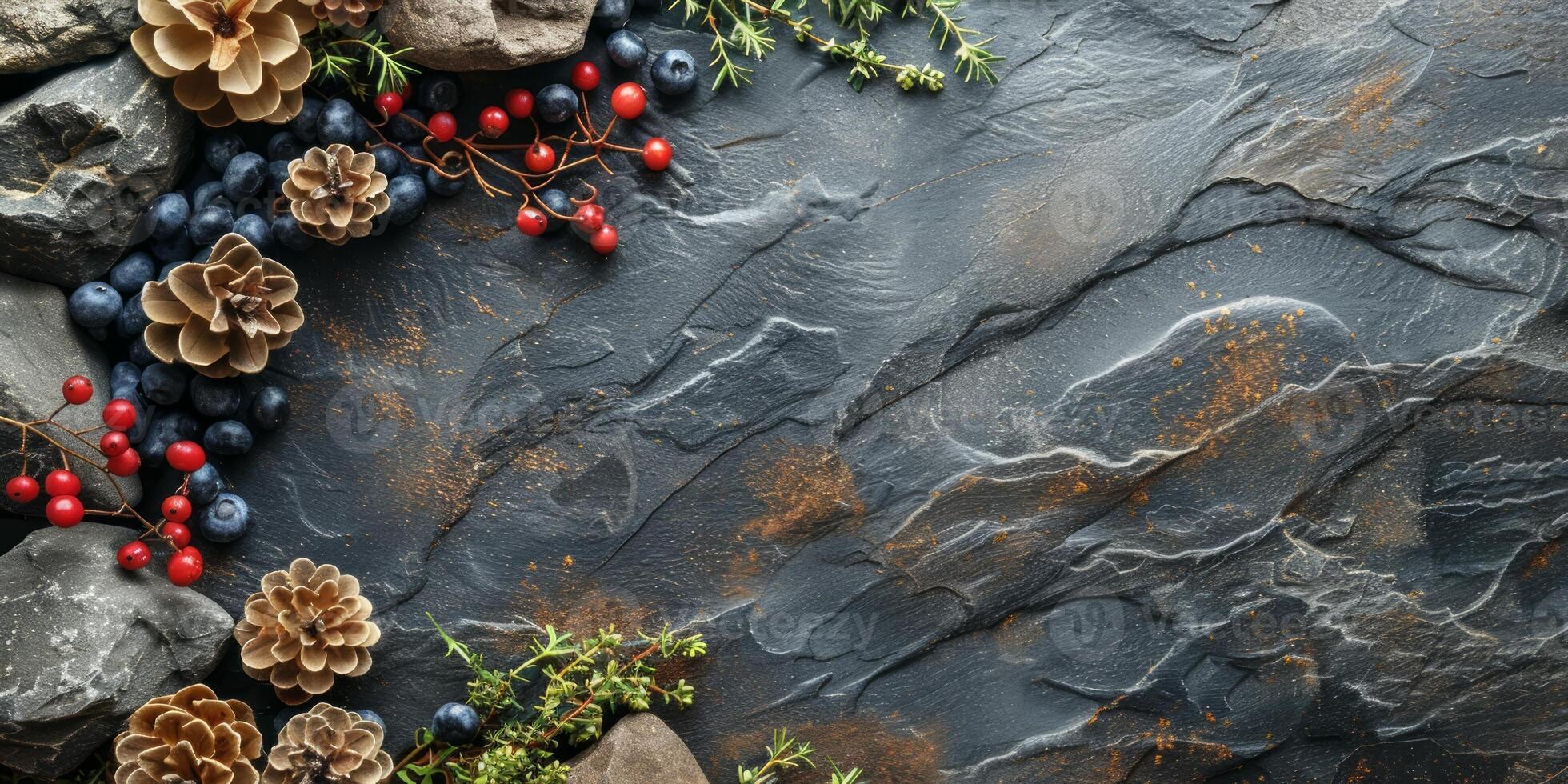 AI generated Top view of fresh berries and pine cones on stone background with copy space photo