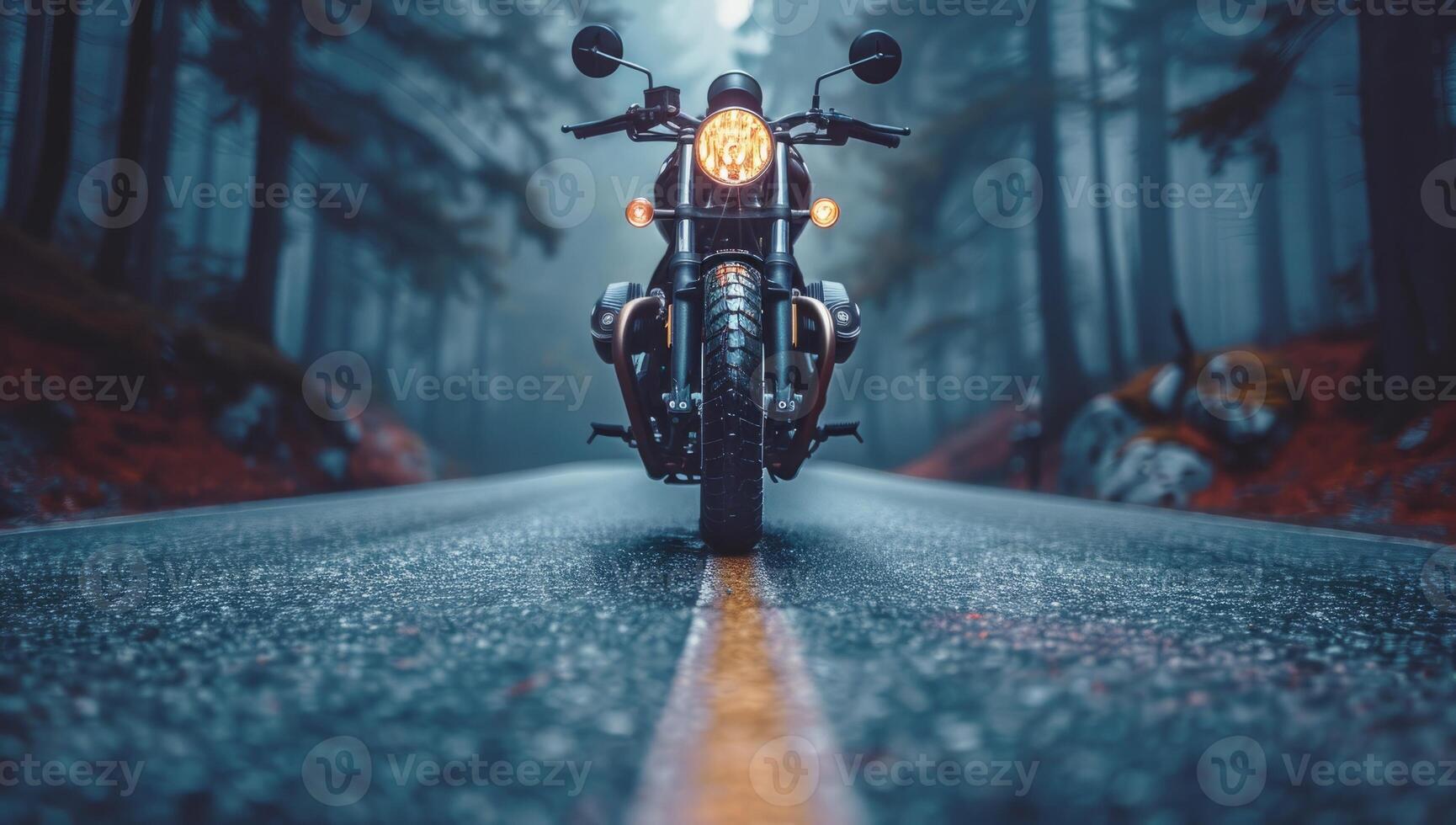 AI generated Black custom motorcycle parked on an empty foggy road in the middle of a misty forest with yellow line down the center of the road photo