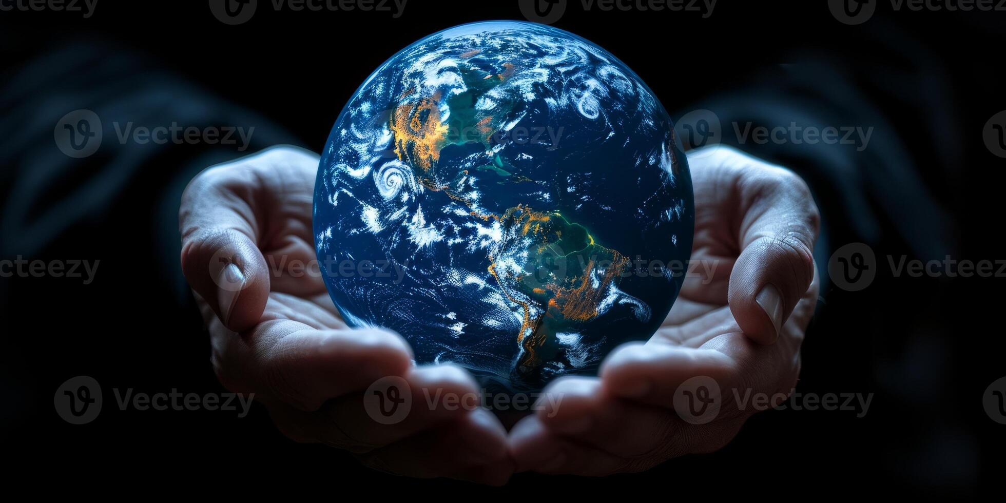 AI generated Hands holding planet Earth globe, environmental conservation concept. Protecting our world, global awareness, and sustainability. photo