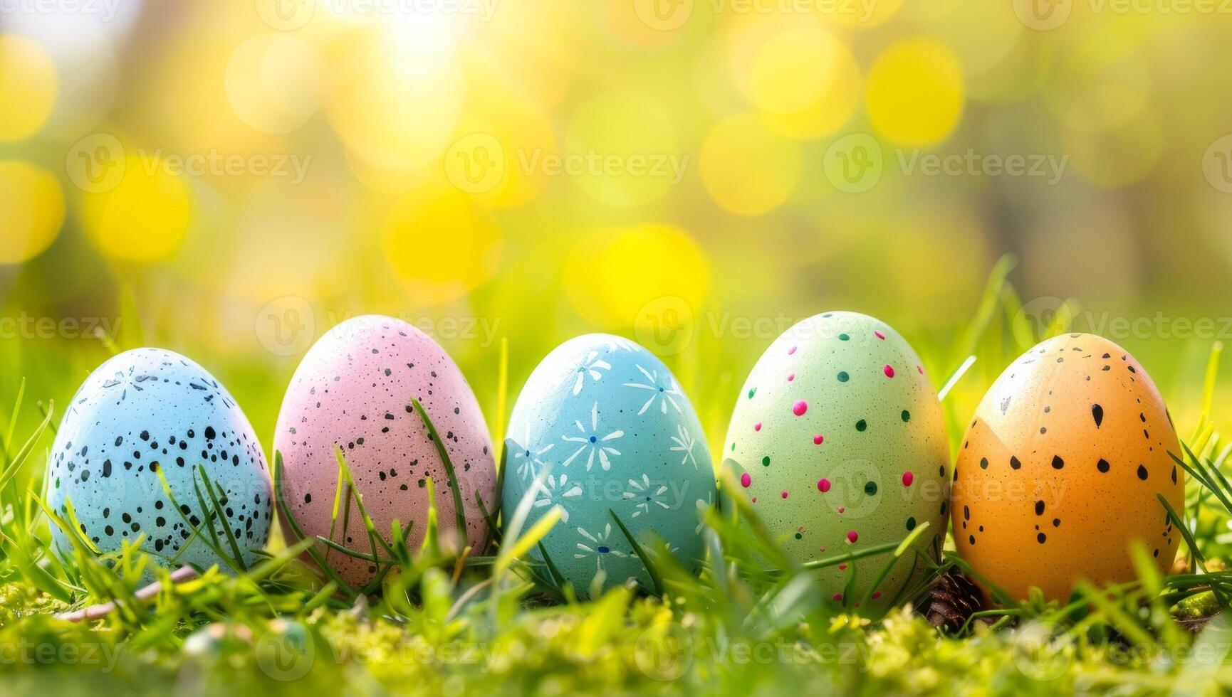 AI generated Colorful Easter eggs nestled in green grass with bokeh background. Spring holiday celebration concept. photo