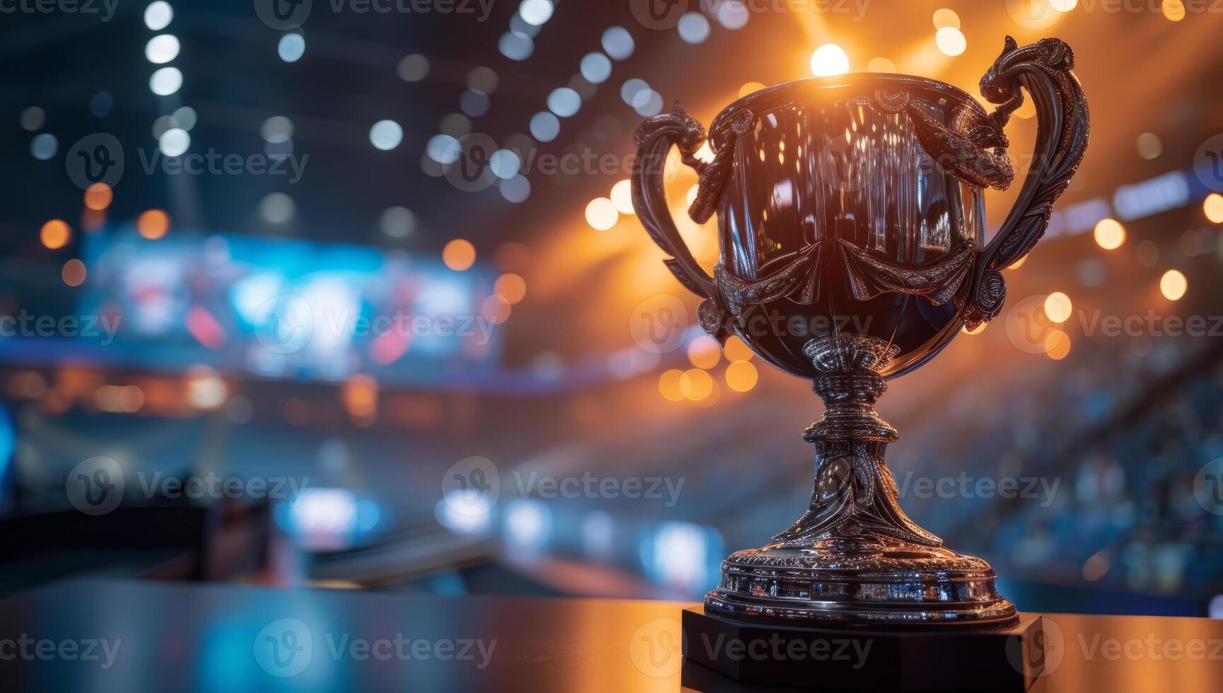 AI generated Close up of a silver trophy cup on a table with blurred stadium lights in the background. Concept of winning, achievement, success, and victory. photo